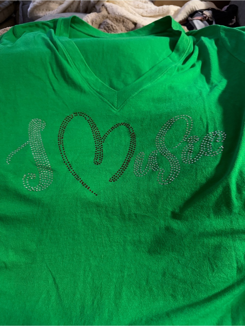 Green V-neck Tee with Rhinestone "I ♥ MUSIC" Script